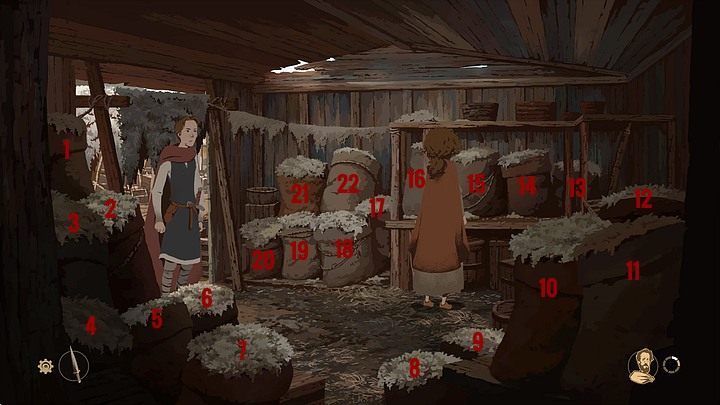 Tak znajdziecie się we wnętrzu stoiska, gdzie owe worki są przechowywane - Filary Ziemi: Rozdział 9, Przysięga - solucja, opis przejścia - Filary Ziemi - poradnik do gry