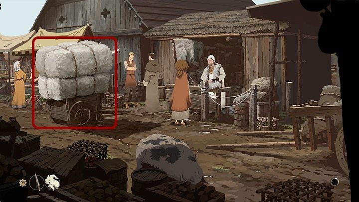 By się to jednak powiodło, musisz mieć konkretne argumenty - gdy więc dialog dobiegnie końca, podejdź do wozu z wełną i kliknij go tyle razy, aż wyczerpią się wszystkie możliwości - Filary Ziemi: Rozdział 9, Przysięga - solucja, opis przejścia - Filary Ziemi - poradnik do gry