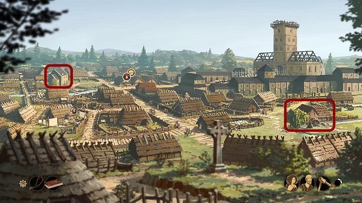 Wędruj do domu Alieny (po lewej, w górze ekranu) i zapukaj do drzwi, niestety, nie zastaniesz jej - Filary Ziemi: Rozdział 10, Odrodzenie Kingsbridge - solucja, opis przejścia - Filary Ziemi - poradnik do gry