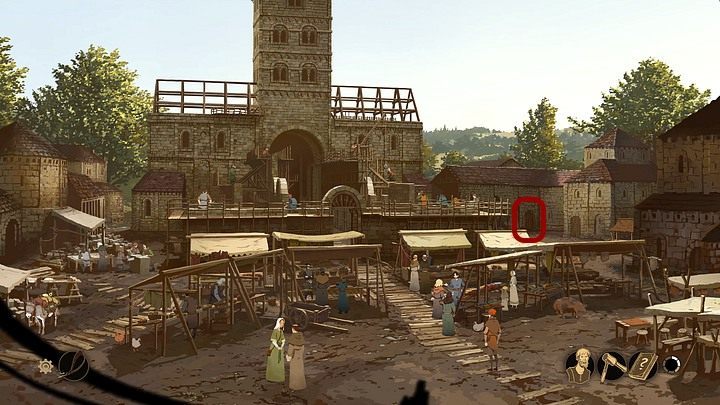 Teraz wędruj na krużganek (pierwsze drzwi na prawo od katedry), a stamtąd na cmentarz (przejściem po prawej) - Filary Ziemi: Rozdział 10, Odrodzenie Kingsbridge - solucja, opis przejścia - Filary Ziemi - poradnik do gry