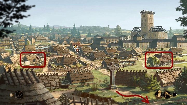 Zanim jednak tam skręcisz, znalazłszy się poza murami klasztoru, zajdź do zajmujących się oczyszczaniem wełny foluszniczek (na mapce po lewej, nieco poniżej domu Alieny) - Filary Ziemi: Rozdział 10, Odrodzenie Kingsbridge - solucja, opis przejścia - Filary Ziemi - poradnik do gry