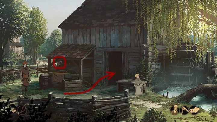 Wróć pod chatkę mytnika, skieruj się na drogę prowadzącą do Kinsgbridge i wreszcie dotrzyj do młyna (po prawej), gdzie zauważ ostatnie gniazdo os (pod zadaszeniem po lewej) - ponownie strąć je za pomocą procy (tradycyjna minigierka - Filary Ziemi: Rozdział 10, Odrodzenie Kingsbridge - solucja, opis przejścia - Filary Ziemi - poradnik do gry