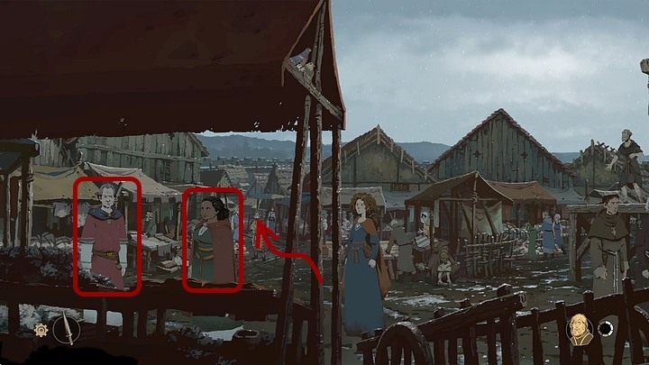 Jako Aliena, stojąc w kolejce czekających na audiencję u hrabiego Shiring, przejdź kawałek w lewo - znajdziesz się w pobliżu własnego stoiska z wełną, gdzie Meg rozmawia z klientem - Filary Ziemi: Rozdział 11, Nowy hrabia - solucja, opis przejścia - Filary Ziemi - poradnik do gry