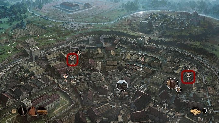 Opuść na chwilę tawernę (w lewo) i tym razem na mapie Shiring wybierz dziewczynkę z mięsem (po prawej) - Filary Ziemi: Rozdział 11, Nowy hrabia - solucja, opis przejścia - Filary Ziemi - poradnik do gry