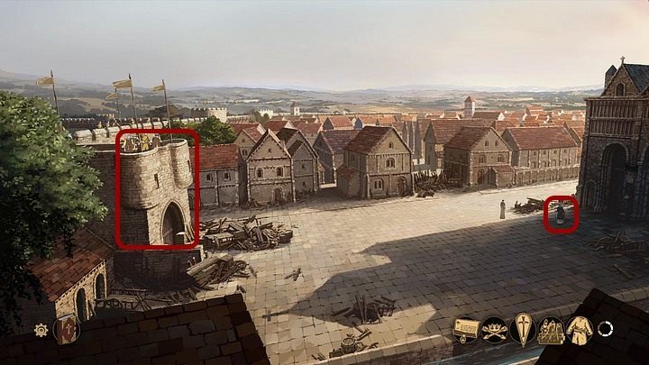 Opuść katedrę (w dół ekranu). Na zewnątrz użyj wskazówki dotyczącej bezpieczeństwa króla na zamku (po lewej) oraz na rycerzu przed katedrą. - Filary Ziemi: Rozdział 12, Wielka Bestia - solucja, opis przejścia - Filary Ziemi - poradnik do gry