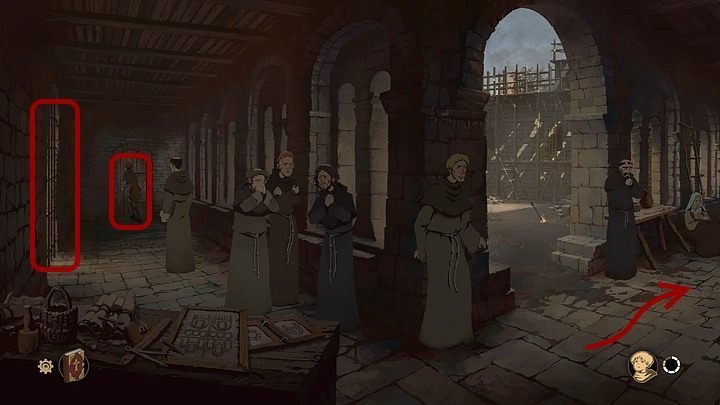 W tej sytuacji wróć do przejścia po lewej i spróbuj otworzyć kratę, za którą biegnie ścieżka do młyna (na lewo od drzwi, przy których stoi Jack) - Filary Ziemi: Rozdział 13, Jarmark wełniany - solucja, opis przejścia - Filary Ziemi - poradnik do gry