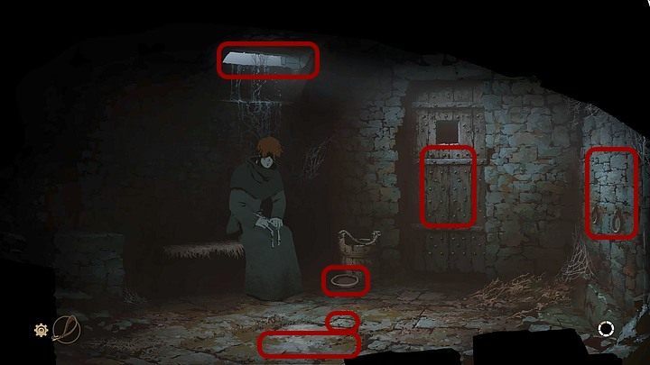 Weź stojącą obok wiadra (przy drzwiach) miskę i podważ nią małą kamienną płytę w posadzce - Filary Ziemi: Rozdział 14, Pożegnanie - solucja, opis przejścia - Filary Ziemi - poradnik do gry