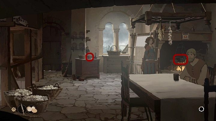 Pora zająć się posiłkiem - zajrzyj więc do wiszącego nad ogniem kociołka (poznasz potrzebne składniki), a następnie sięgnij po stojące na szafce po lewej przyprawy - Filary Ziemi: Rozdział 14, Pożegnanie - solucja, opis przejścia - Filary Ziemi - poradnik do gry