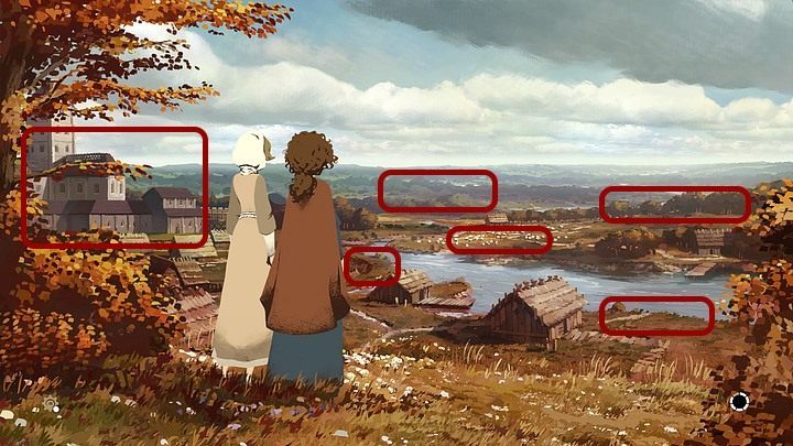 Na koniec wyjdź na zewnątrz - w trakcie chwili relaksu z Marthą przyjrzyj się widokowi, a konkretnie: katedrze (po lewej), nowemu placowi budowy, brzegowi rzeki, pastwisku na drugim brzegu, lasowi w oddali (po prawej) i wzgórzom (na wprost), by poznać przemyślenia bohaterki - Filary Ziemi: Rozdział 14, Pożegnanie - solucja, opis przejścia - Filary Ziemi - poradnik do gry