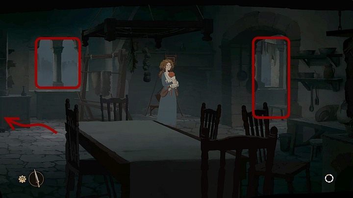 Nocą, zanim opuścisz swój dom, kliknij (PPM) aktywne punkty (szczególnie sypialnię znajdującą się za przejściem po prawej i widoczny z okna plac budowy), by dowiedzieć się, co się w międzyczasie wydarzyło - Filary Ziemi: Rozdział 14, Pożegnanie - solucja, opis przejścia - Filary Ziemi - poradnik do gry