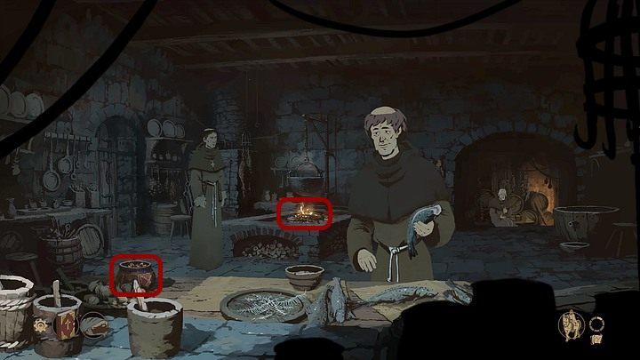 Przyjrzyj się palenisku, po czym weź z niego gorący kamień - by się nie poparzyć, użyj materiału po serze - Filary Ziemi: Rozdział 1, Philip - solucja, opis przejścia - Filary Ziemi - poradnik do gry
