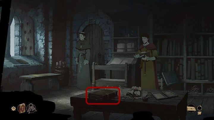 Możesz sprawdzić dokumenty leżące na pulpicie (za braćmi), książki na regale, tabliczkę na stole i na oknie, pergaminy w beczce oraz łóżko, ale list odnajdzie się w pozostawionym na stole foliale (po lewej) - Filary Ziemi: Rozdział 1, Philip - solucja, opis przejścia - Filary Ziemi - poradnik do gry