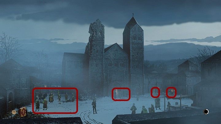 Znalazłszy się na zewnątrz, zagadnij rycerzy po lewej oraz mnichów przed wrotami katedry i po prawej - szczególnie Andrew stojącego przed wejściem na krużganek - Filary Ziemi: Rozdział 4, Przeor Kingsbridge - solucja, opis przejścia - Filary Ziemi - poradnik do gry