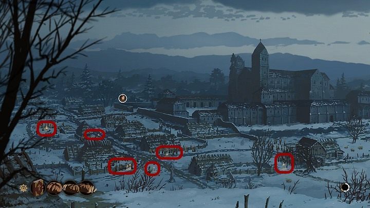 Są to następujące obozowiska: uchodźcy przy młynie (po prawej), głodne kobiety i dzieci (przy pierwszej od dołu chacie po prawej), grupa uchodźców (przy pierwszej od dołu chacie po lewej), umierający mężczyzna z dzieckiem (pomiędzy dwoma poprzednimi obozowiskami), dzieci bez rodziców (przy drugiej o - Filary Ziemi: Rozdział 5, Człowiek w płomieniach - solucja, opis przejścia - Filary Ziemi - poradnik do gry