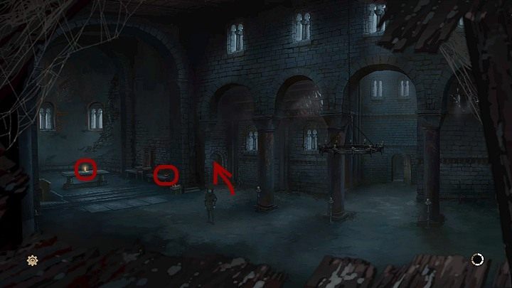 Drzwiami prowadzącymi z krużganku (w głębi, po prawej) przejdź do katedry - Filary Ziemi: Rozdział 5, Człowiek w płomieniach - solucja, opis przejścia - Filary Ziemi - poradnik do gry