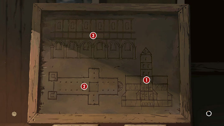 Jako Tom, kiedy przedstawisz przeorowi szkice, wybieraj te rysunki, które chcesz omówić (najlepiej w następującej kolejności): przekrój (1 - wieża, nawa główna, nawy boczne, przypory), rzut poziomy (2 - prezbiterium, transept, nawa główna) i projekt (3 - clerestorium, triforium, arkada) - Filary Ziemi: Rozdział 7, Odrodzenie Kingsbridge - solucja, opis przejścia - Filary Ziemi - poradnik do gry