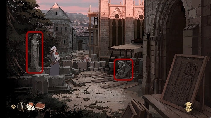 Kiedy Alena ponownie znajdzie się na placu budowy katedry w Tours, kliknij figurę Matki Boskiej (po lewej), by dziewczyna mogła się pomodlić - Filary Ziemi: Rozdział 15, Podróż - solucja, opis przejścia - Filary Ziemi - poradnik do gry