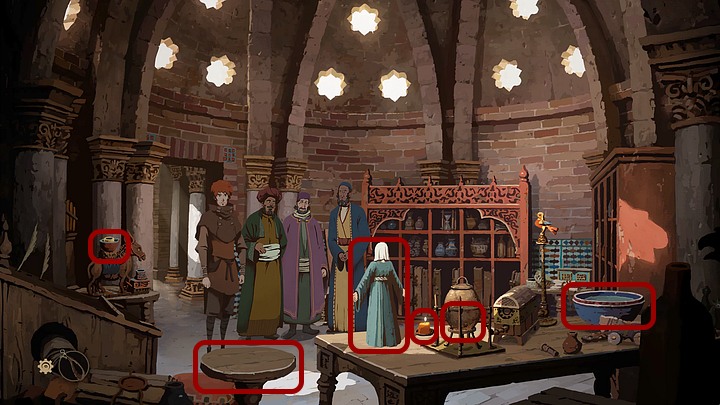 Kiedy Raschid poprosi Jacka o prezentację urządzeń, podejdź do stołu i weź mały zbiornik ze stojącej w centrum konstrukcji - Filary Ziemi: Rozdział 15, Podróż - solucja, opis przejścia - Filary Ziemi - poradnik do gry