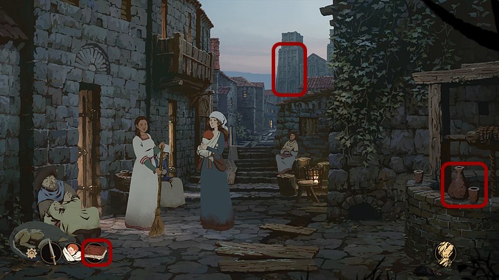 Zagadnij zamiatającą bruk przed gospodą kobietę - Filary Ziemi: Rozdział 15, Podróż - solucja, opis przejścia - Filary Ziemi - poradnik do gry