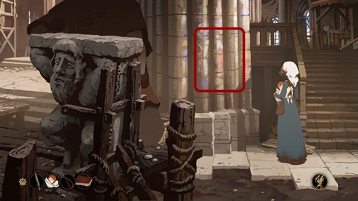 W bazylice Saint-Denis przejdź maksymalnie w prawo i przyjrzyj się padającemu na kolumnę światłu kolorowych witraży - Filary Ziemi: Rozdział 15, Podróż - solucja, opis przejścia - Filary Ziemi - poradnik do gry