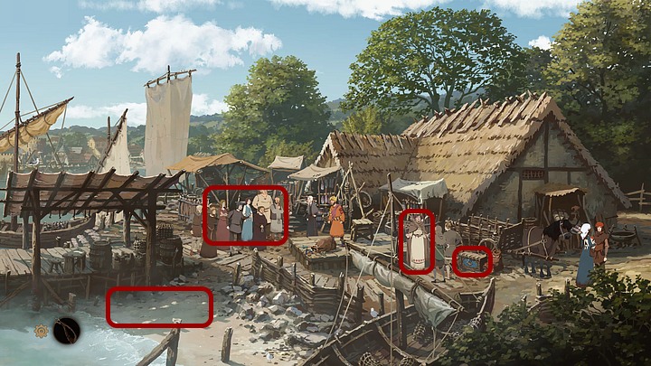 W porcie w Cherbourg jako Jack zauważ blokujący drogę wzburzony tłum, który nie pozwala wam przedostać się do statku - Filary Ziemi: Rozdział 15, Podróż - solucja, opis przejścia - Filary Ziemi - poradnik do gry