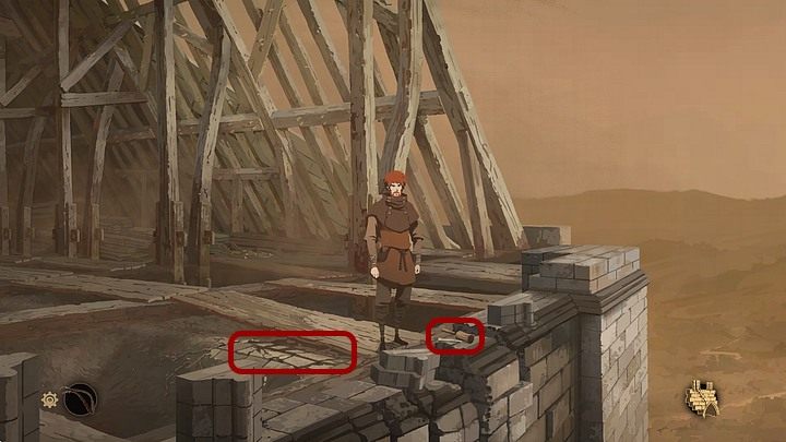Jako Jack podnieś leżące na krawędzi muru narzędzia (młotek i dłuto) - Filary Ziemi: Rozdział 17, Burza - solucja, opis przejścia - Filary Ziemi - poradnik do gry