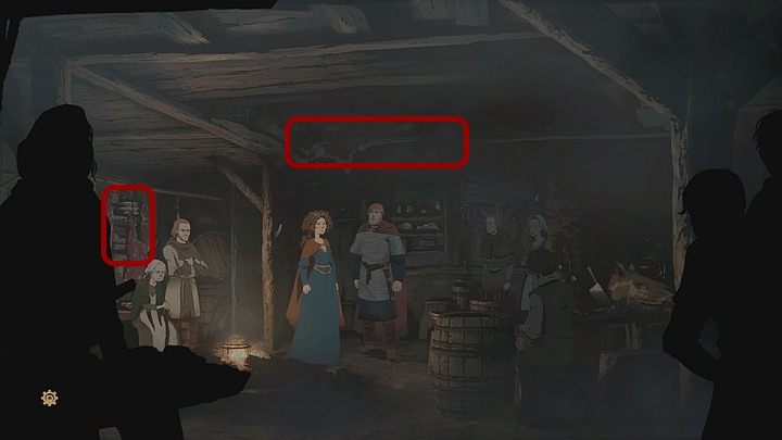 Trafiwszy ostatecznie do tej samej chaty, w pobliżu której Aliena spotkała Elizabeth - zauważ wiszące po lewej w dużych ilościach mięso, zwróć też uwagę na dym unoszący się pod sufitem - Filary Ziemi: Rozdział 18, Banici - solucja, opis przejścia - Filary Ziemi - poradnik do gry