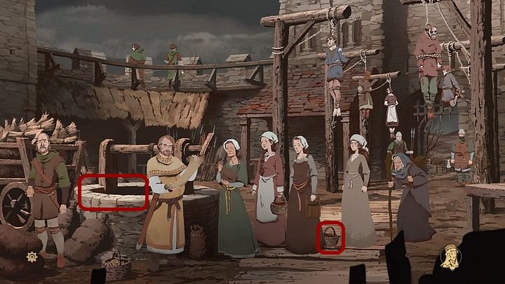 Jeśli jednak bardzo się niecierpliwisz, weź małe, pomarszczone jabłko z koszyka stojącego obok Alieny i spróbuj wrzucić je do studni (tradycyjna minigierka) - Filary Ziemi: Rozdział 19, Powrót do Earlscastle - solucja, opis przejścia - Filary Ziemi - poradnik do gry