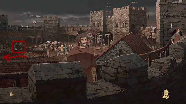 Znalazłszy się przy wschodnim krańcu dziedzińca, zwróć uwagę na dwóch rycerzy stojących po lewej - Filary Ziemi: Rozdział 19, Powrót do Earlscastle - solucja, opis przejścia - Filary Ziemi - poradnik do gry