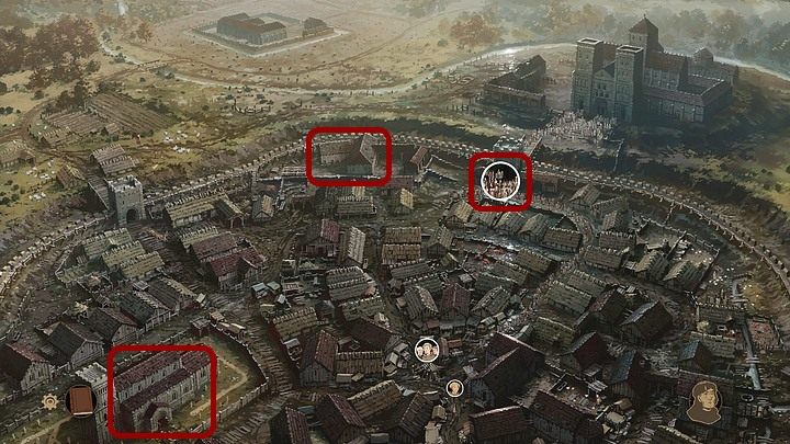 Jako Jonathan na mapie Shiring kliknij widoczną w prawym dolnym rogu ekranu wskazówkę dotyczącą Remigiusa i użyj jej na tłumie przed katedrą (u góry ekranu) - Filary Ziemi: Rozdział 20, Zakończenie - solucja, opis przejścia - Filary Ziemi - poradnik do gry