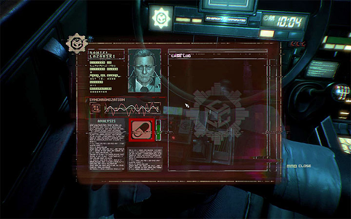 Zostaniesz poproszony o wykonanie synchronizacji, tak więc otwórz okno statusu i kliknij na zaznaczonej na obrazku ikonie pigułki - Odnalezienie mieszkania Adama | Opis przejścia w Observer - Observer - poradnik do gry