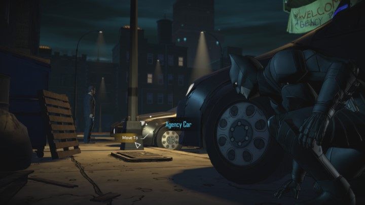 Z początku agent widoczny na zdjęciu będzie patrzył w twoją stronę - musisz poczekać, aż się obróci, bo zauważenie przez jednego z agentów kończy się porażką - Rozdział 1 - Funny or Die | Solucja Batman The Enemy Within - Batman: The Telltale Series - The Enemy Within - poradnik do gry