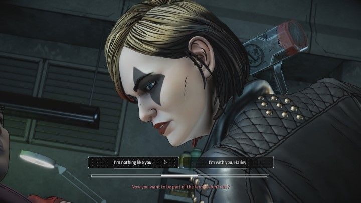 Wybranie drugiej opcji sprawi, że Harley pocałuje Brucea - John będzie zazdrosny, a relacje z Tiffany bardzo się pogorszą - Rozdział 4 - A Family Affair | Epizod 2 - The Pact - Batman: The Telltale Series - The Enemy Within - poradnik do gry