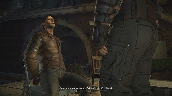 Gdy rozmowa z Waller dobiegnie końca, Bruce znajdzie się w kryjówce przestępców. Rozpocznie się dialog z Bane. - Rozdział 5 - Behind Enemy Lines | Epizod 2 - The Pact - Batman: The Telltale Series - The Enemy Within - poradnik do gry