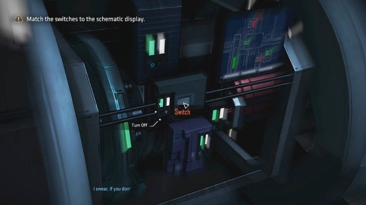 Po jakimś czasie zostaniesz uwolniony i będziesz musiał wyłączyć generator EMP. Wystarczy ustawić przełączniki w taki sposób, jaki widzisz na ekranie po prawej stronie. - Rozdział 5 - Behind Enemy Lines | Epizod 2 - The Pact - Batman: The Telltale Series - The Enemy Within - poradnik do gry