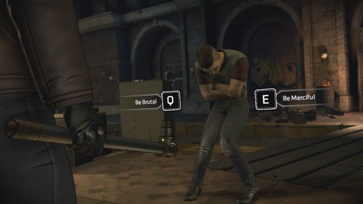 Następnie odbędzie się spotkanie całej grupy. Zostaniesz zmuszony do walki z jednym z przestępców. Możesz być brutalny (Be Brutal) lub okazać mu nieco litości (Be Merciful). Po tym zostanie przeprowadzone głosowanie - członkowie grupy będą decydować czy możesz do nich dołączyć. Po udanym głosowaniu rozdział się zakończy. - Rozdział 5 - Behind Enemy Lines | Epizod 2 - The Pact - Batman: The Telltale Series - The Enemy Within - poradnik do gry