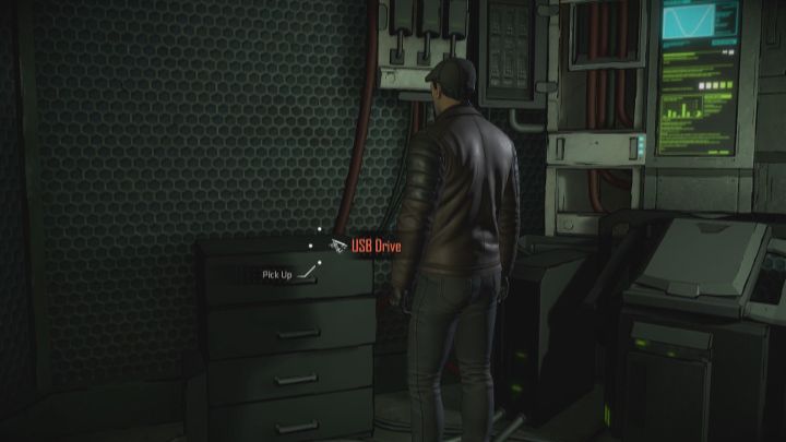 Z szafki po lewej stronie zabierz USB Drive i włóż go do USB Port (opcja Instert) - Rozdział 2 - Shot in the Dark | Epizod 3 - Fractured Mask - Batman: The Telltale Series - The Enemy Within - poradnik do gry