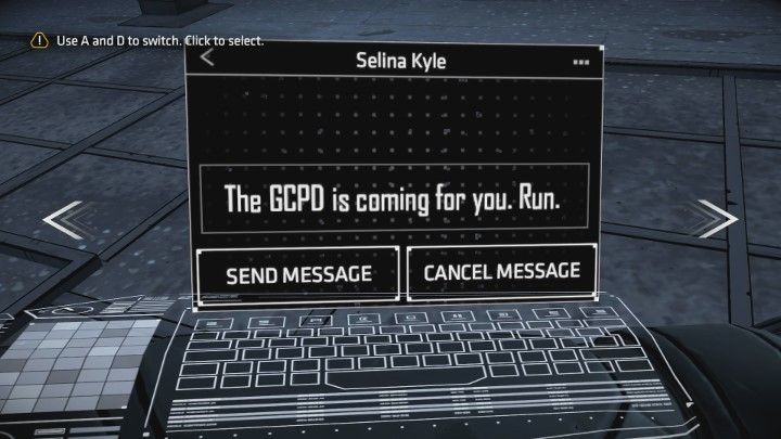 Teraz musisz podjąć decyzje czy chcesz ostrzec Catwoman o nalocie GCPD (opcja Send Message) czy też nie (opcja Cancel Message) - Rozdział 3 - Motley Crew | Epizod 3 - Fractured Mask - Batman: The Telltale Series - The Enemy Within - poradnik do gry