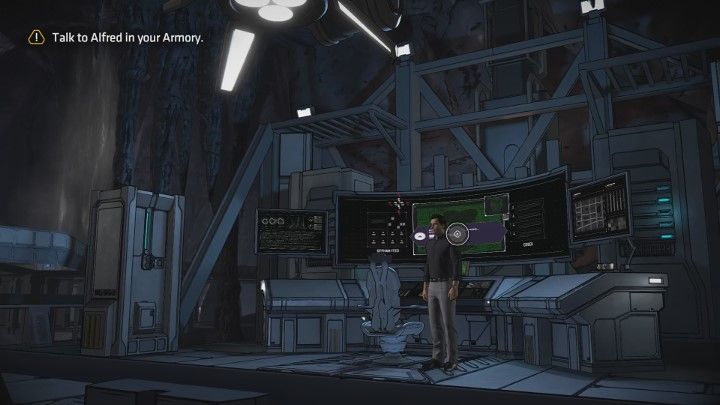 Laptop Riddlera będzie skanowany przez komputer Batmana. W tym czasie idź porozmawiać z Alfredem. Po zakończeniu dialogu wróć do komputera. - Rozdział 5 - In the Line of Duty | Epizod 3 - Fractured Mask - Batman: The Telltale Series - The Enemy Within - poradnik do gry