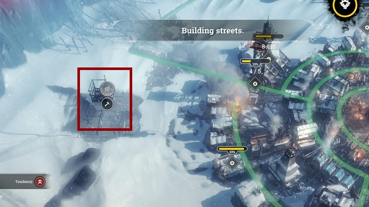 Budynki, do których nie dociera droga zaznaczone są odpowiednią ikoną. - Porady ogólne | Podstawy rozgrywki | Frostpunk - Frostpunk - poradnik do gry