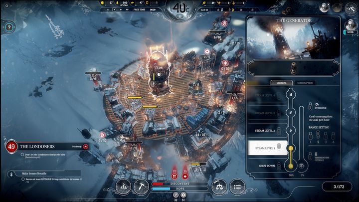 Zaznaczona na pomarańczowo strefa ogrzewania bardzo dobrze nadaje się jako miejsce do budowy domów. - Frostpunk - Jak zacząć? - Frostpunk - poradnik do gry