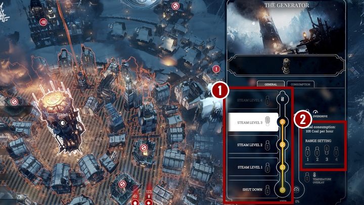 Każda zmiana wpływa na ilość zużywanego węgla, dlatego ważne jest rozsądne zarządzenie pracą Generatora - Zagrożenia we Frostpunk - Frostpunk - poradnik do gry