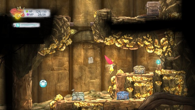 W górnej skrzynce znajduje się Magic Amethist, w dolnej po lewej stronie Potent Magic Potion, po prawej Tumbled Sapphire, a w kamieniu eliksir Revive - Rozdział 5 | Sekrety i znajdźki | Child of Light - Child of Light - poradnik do gry