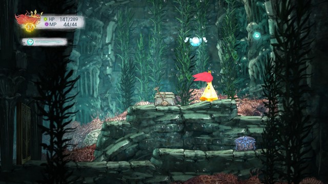 Z kamienia wypada Tumbled Tourmaline, w skrzyni po lewej stronie jest Rough Sapphire, a w tej po prawej Potent Magic Potion - Rozdział 9 | Sekrety i znajdźki | Child of Light - Child of Light - poradnik do gry