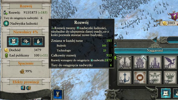 Dokładne informacje odnośnie tempa rozwoju możesz znaleźć w panelu prowincji po najechaniu na wskaźnik rozwoju. - Rozwój osad i klimat prowincji w Warhammer II | Rozgrywka na mapie kampanii - Total War: Warhammer II - poradnik do gry