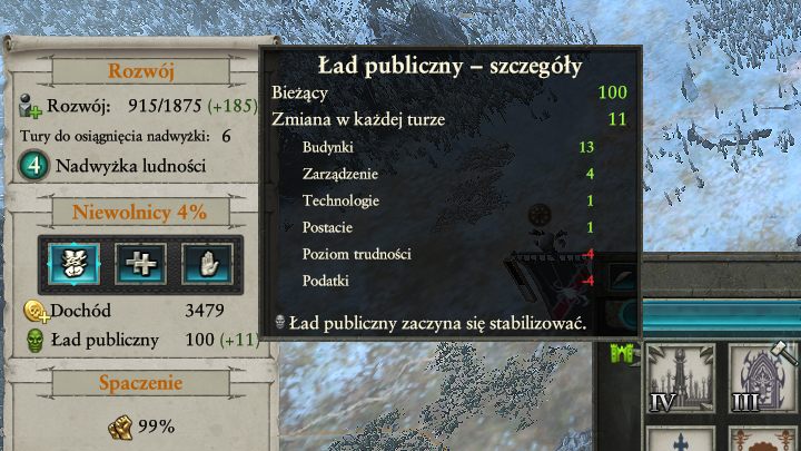 Dokładne informacje na temat wpływów poszczególnych czynników na ład publiczny znajdziesz po najechaniu na wskaźnik zmiany stanu. - Kontrola ładu publicznego i spaczenia | Rozgrywka na mapie kampanii - Total War: Warhammer II - poradnik do gry