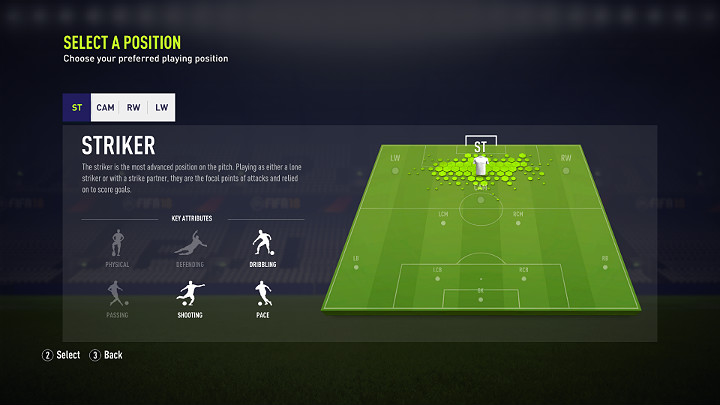 Zanim przystąpisz do odgrywania swojej roli w wybranej jedenastce musisz wybrać odpowiednią pozycję - Początek | Droga do sławy | FIFA 18 - FIFA 18 - poradnik do gry
