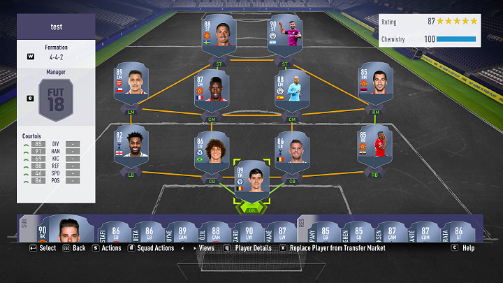 Na powyższym przykładzie można zaobserwować drużynę ze 100 punktami zgrania - Zgranie | Wyzwania budowania składów | FIFA 18 - FIFA 18 - poradnik do gry