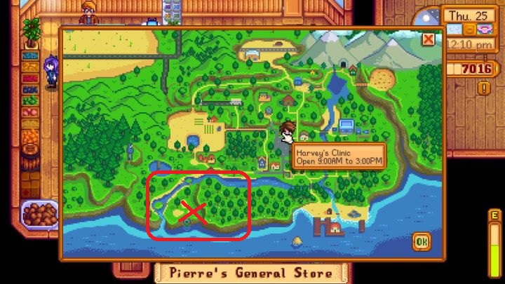 Sprawdź w miejscu X, niedaleko ściany. - Tajemnice, zagadki i zadania w Stardew Valley | Szybki start - Stardew Valley - poradnik do gry