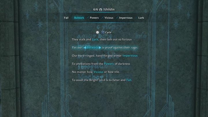 Dostępne słowa: Fail, Bulwark, Powers, Vicious, Impervious, Lurk - Śródziemie Cień Wojny: Drzwi ithildinu - jak je otworzyć (Poematy)? - Śródziemie: Cień Wojny - poradnik do gry 